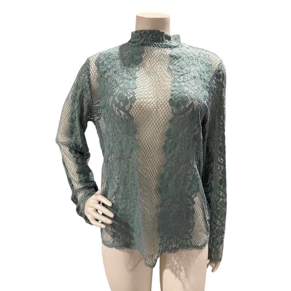 BKE VTG Inspired Women’s Floral Lace Sheer Top Boutique Boho Festival Green Sz M
